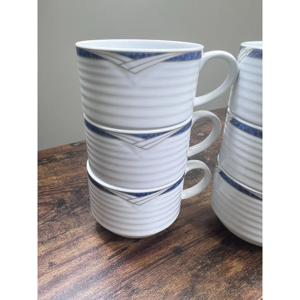 Lot Of 6 Contemporary Noritake Tea Cups Arctic Blue Ribbed Very Nice
